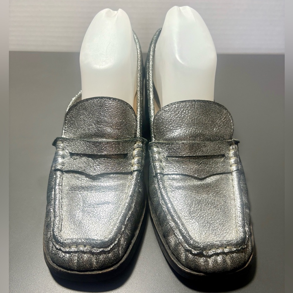 ZARA Shimmery Silver Leather Square Toe Loafers - Picture 4 of 9